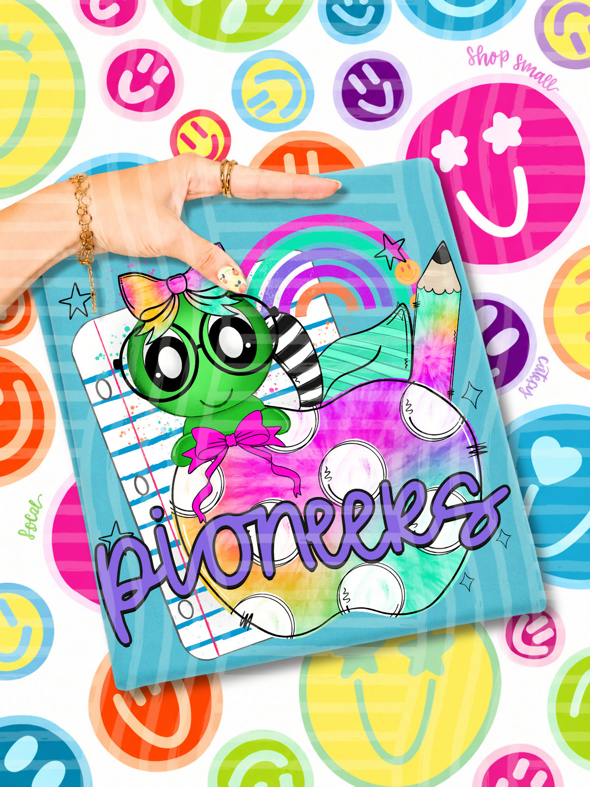 pioneers tie dye apple with white dots & green bug (CAPLINGER) DTF Transfer