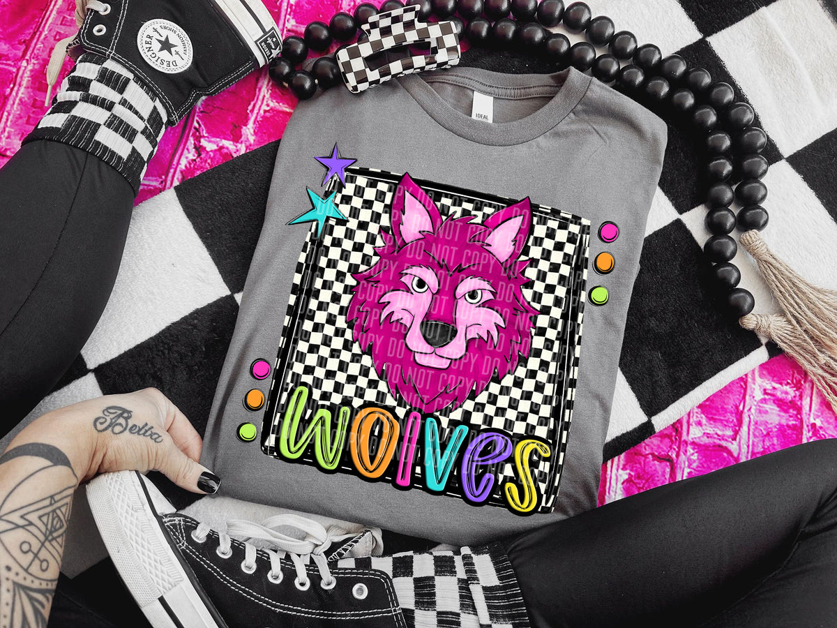 Checkered Preppy Bright Wolves Pink (Caplinger) DTF transfer