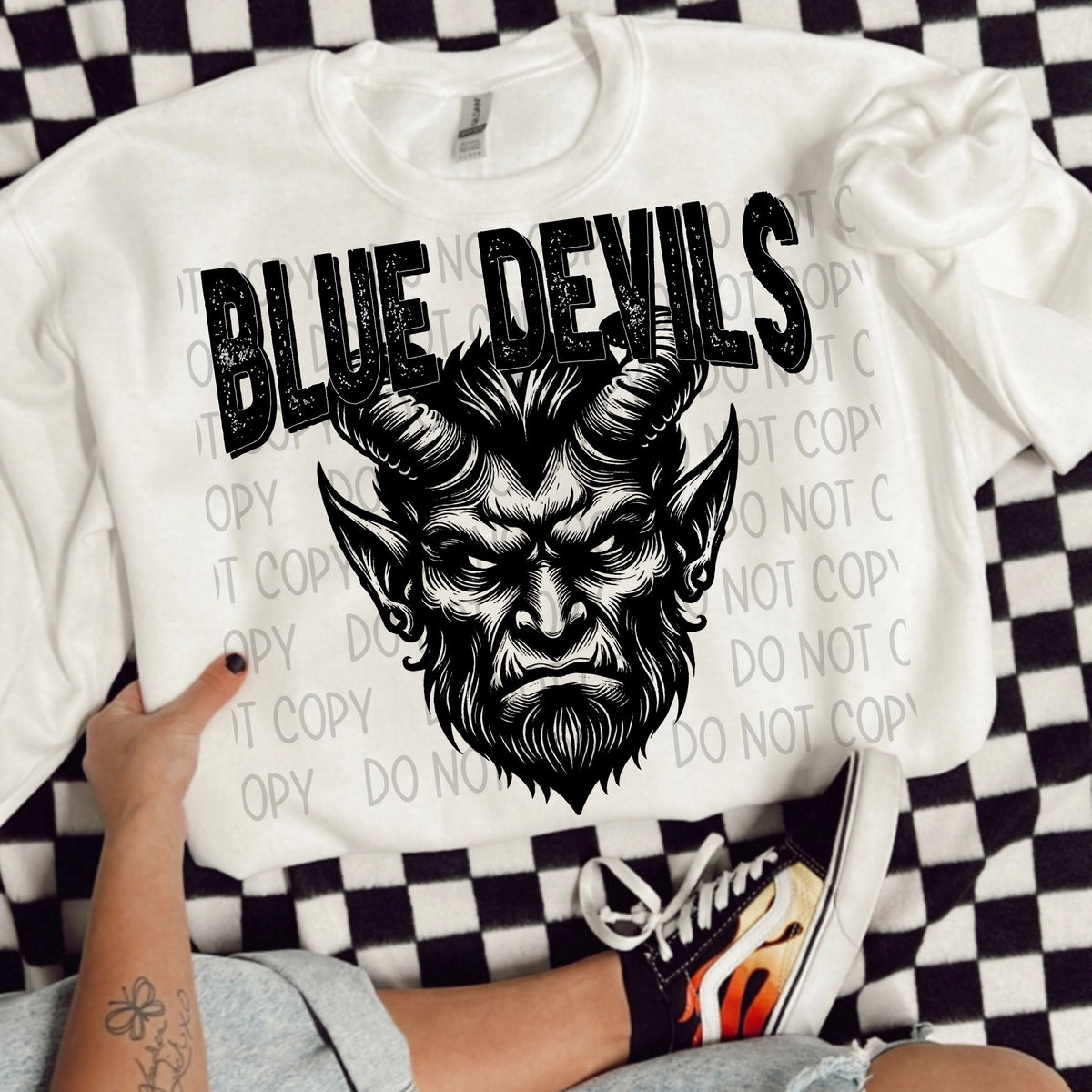 Blue devils black/white outline DTF transfer