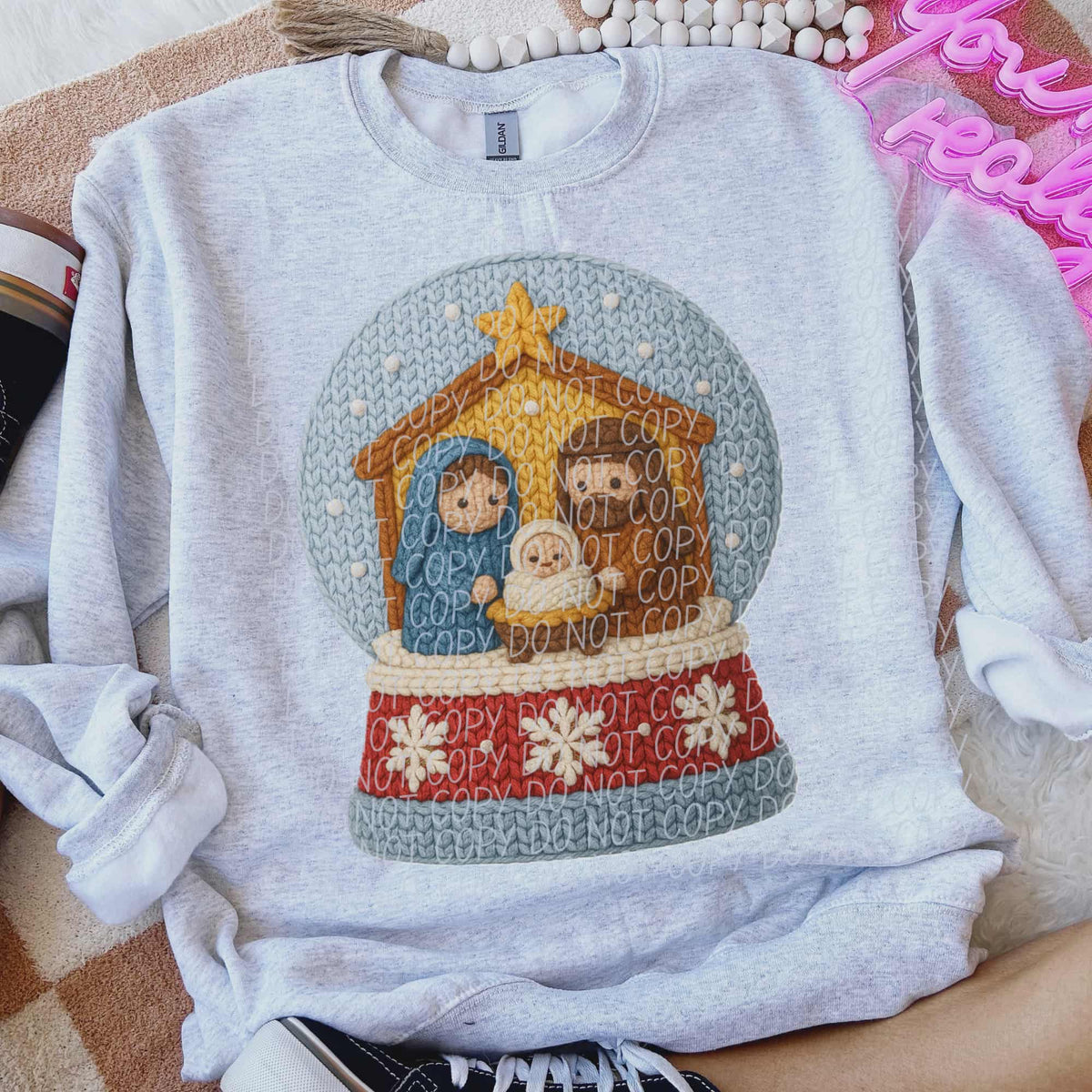 Faux Yarn Nativity snow globe (no words) (city) DTF transfer