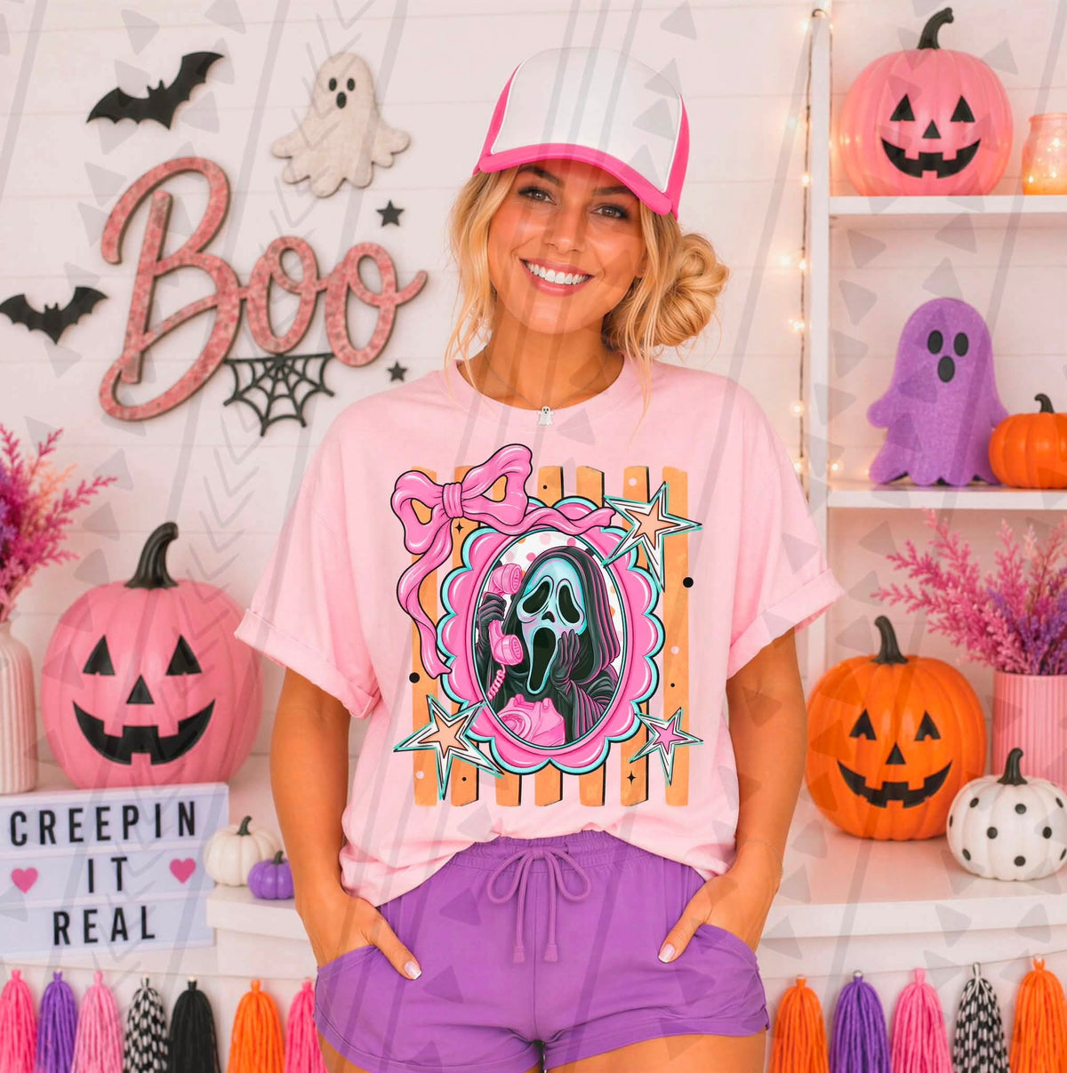 Preppy Ghost with bow and stripe background SUNDAY SPECIAL DTF transfer
