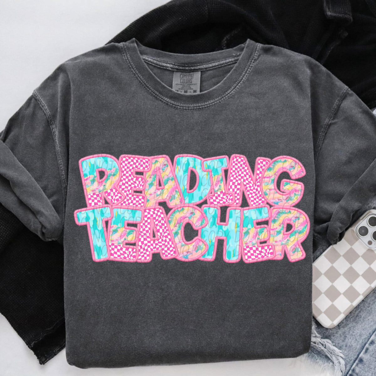 Reading teacher pink checkered (CITY) 97082 DTF transfer