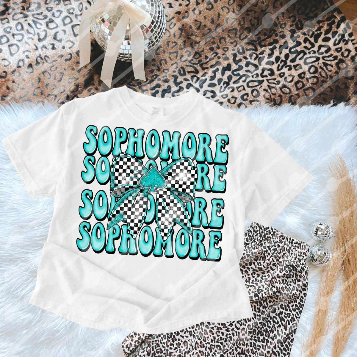 Sophomore stacked checkered bow blue (JBD) DTF transfer