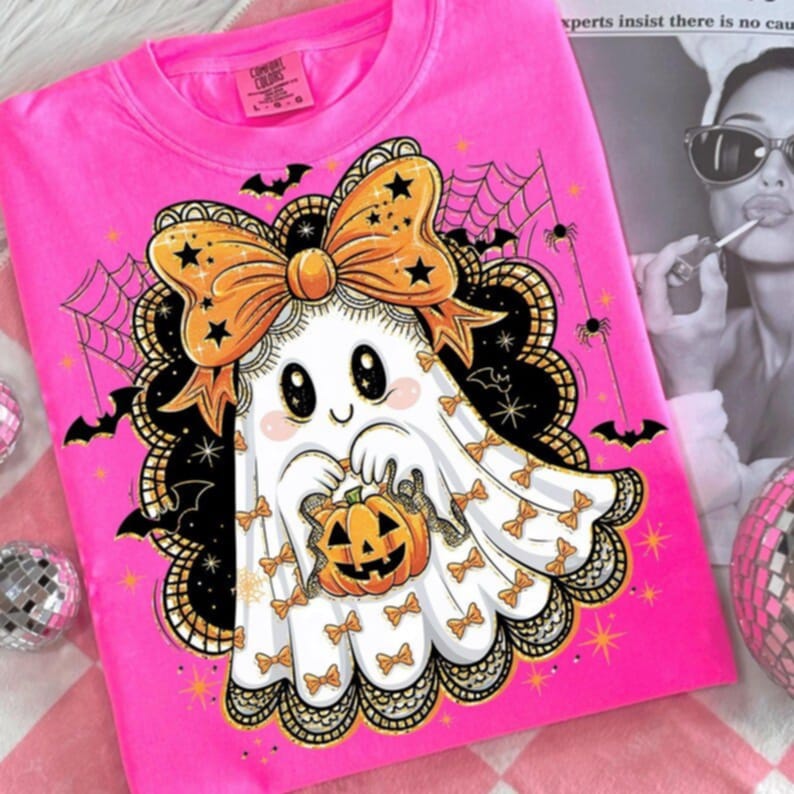 Lace Ghost with Pumpkin Bucket and bow frame DTF transfer
