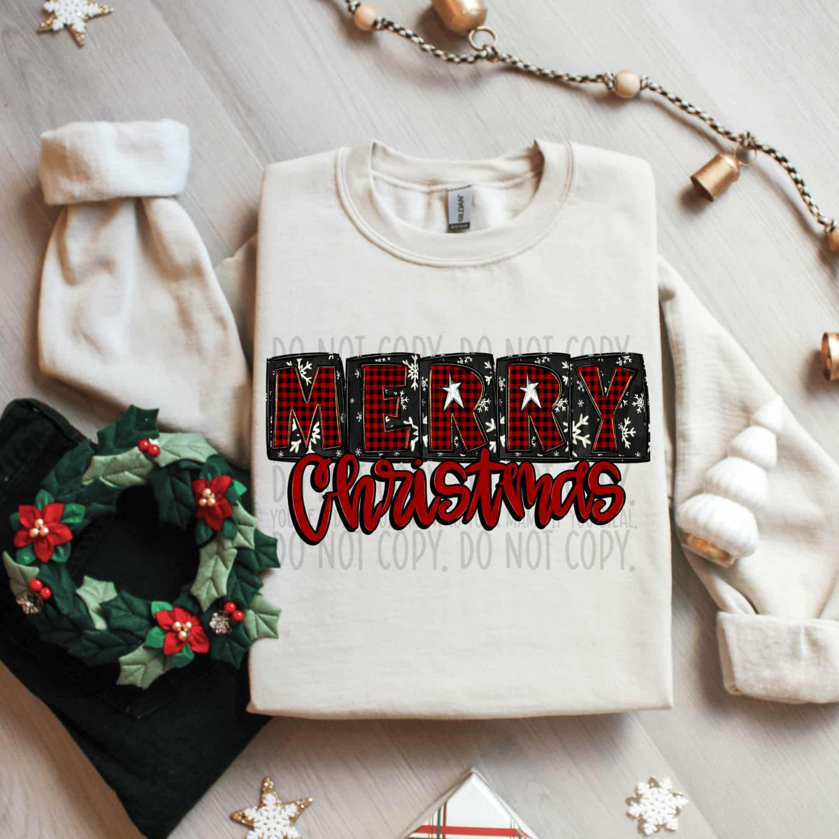 Merry Christmas plaid and snowflakes SWD DTF Transfer