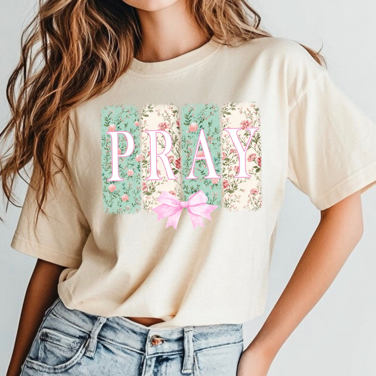 Pray brushstrokes pink bow DTF Transfer