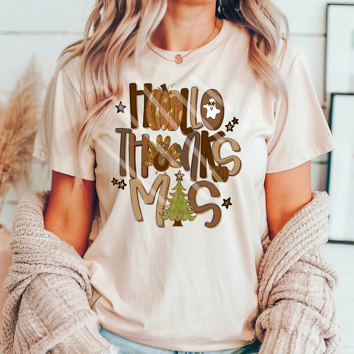 Hallothanksmas Brown pumpkin turkey tree 110544 DTF transfer