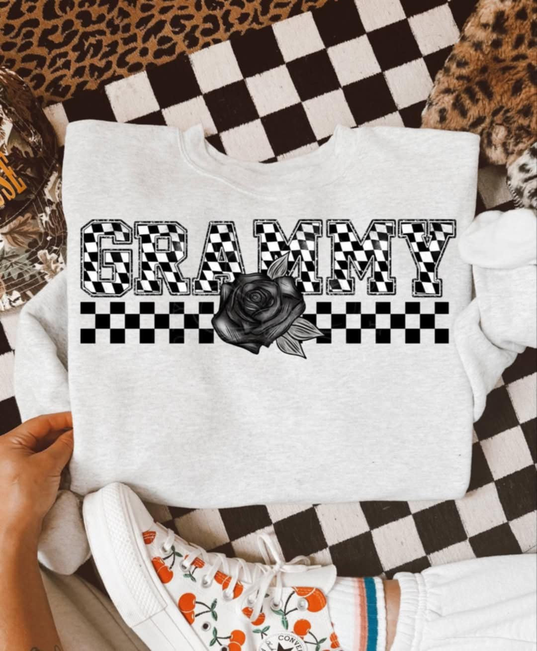 Grammy checkered with black rose (Unhinged) 99343 DTF transfer