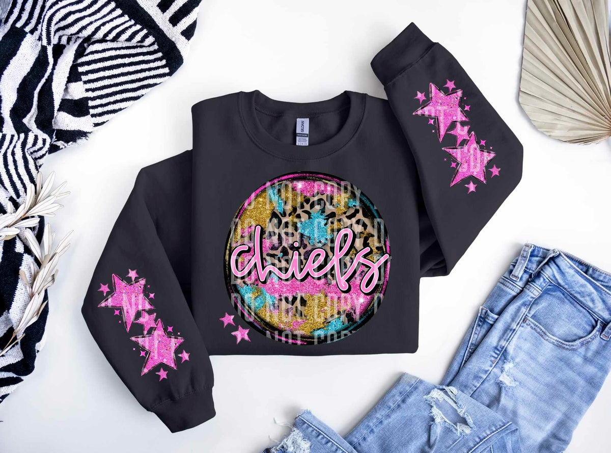 Chiefs glitter and leopard circle FRONT (caplinger) 70907 DTF transfer