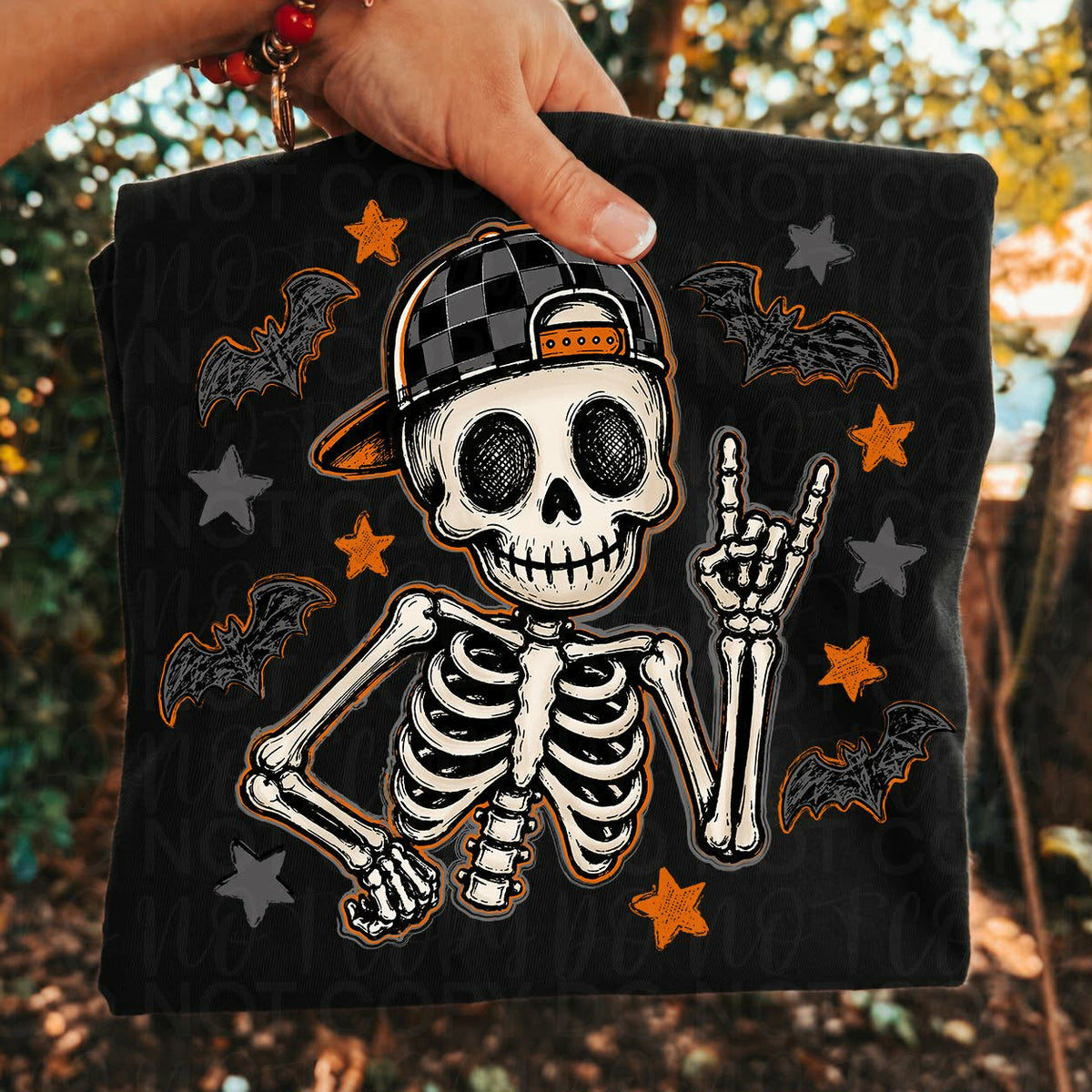 Skeleton black and orange with checkered hat BOY   (UAC) DTF Transfer