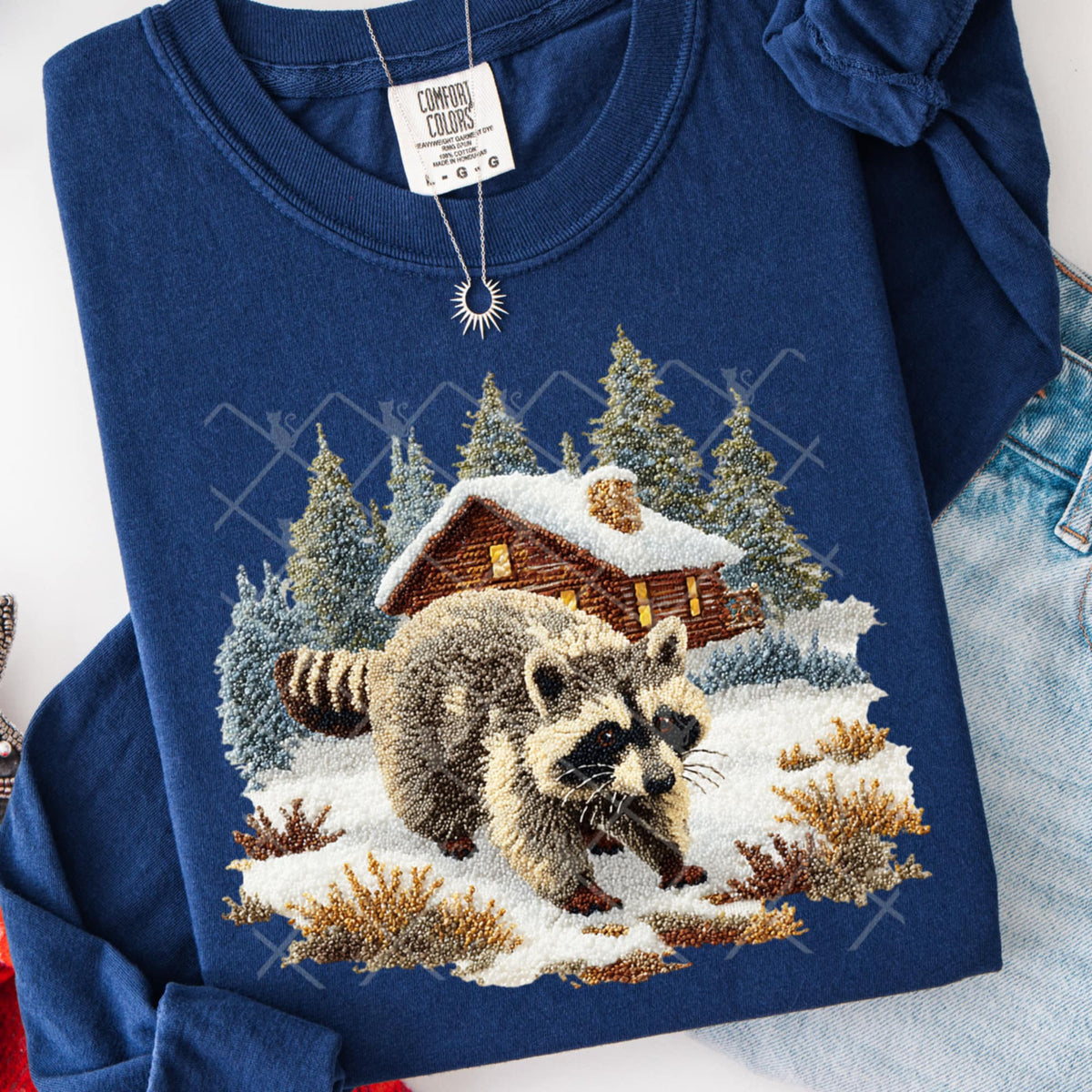 Faux Yarn raccoon and cabin (TTD) DTF Transfer