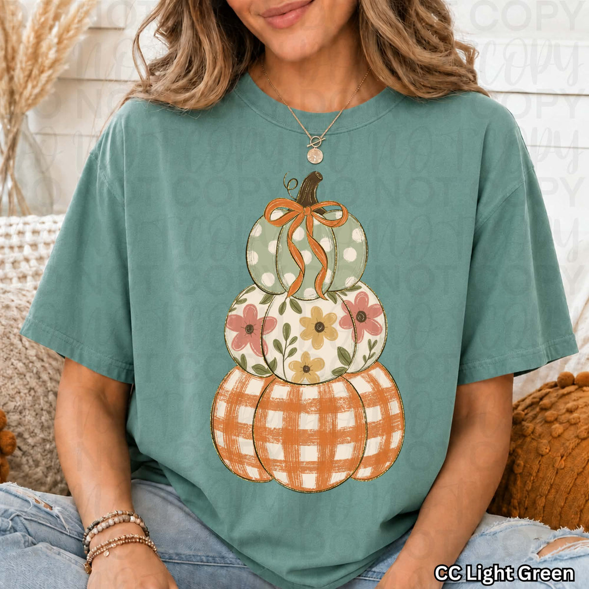 Triple stacked pumpkin orange plaid floral green white polkadot (UAC) DTF Transfer