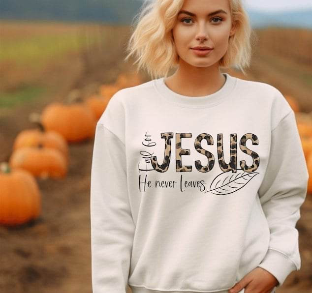 Fall for Jesus he never leaves leopard font 64305 DTF transfer