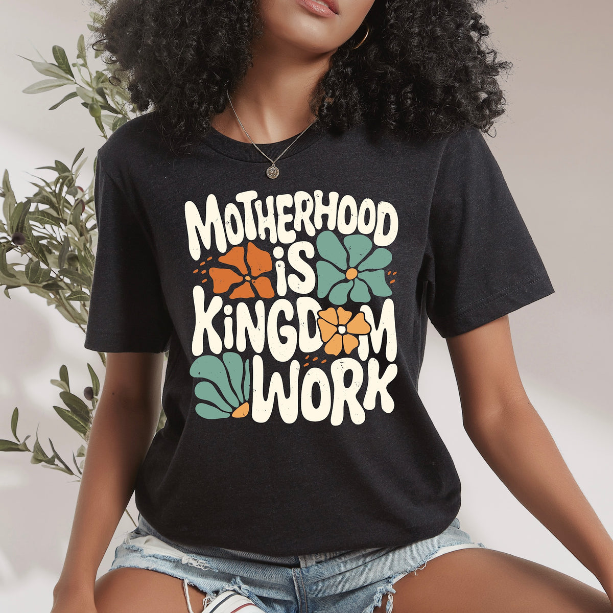 Motherhood is kingdom work  (cream orange teal) distressed DTF Transfer