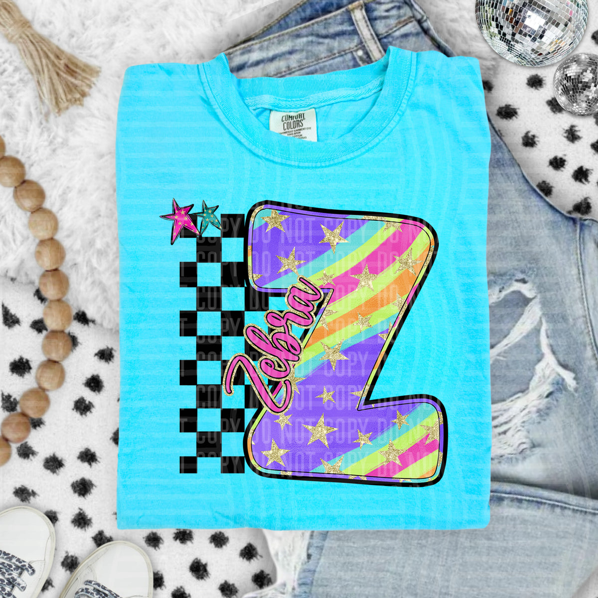 Zebra Colorful Retro Rainbow Letter Z With Stars And Checker 108169 DTF transfer
