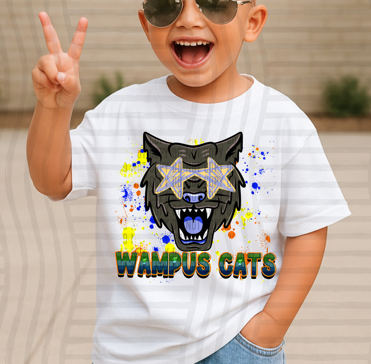wampus cats paint splatter boy blue green and yellow (Caplinger) DTF Transfer