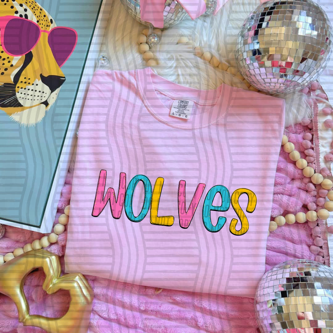 blue yellow and pink wolves stacked (Caplinger) DTF Transfer