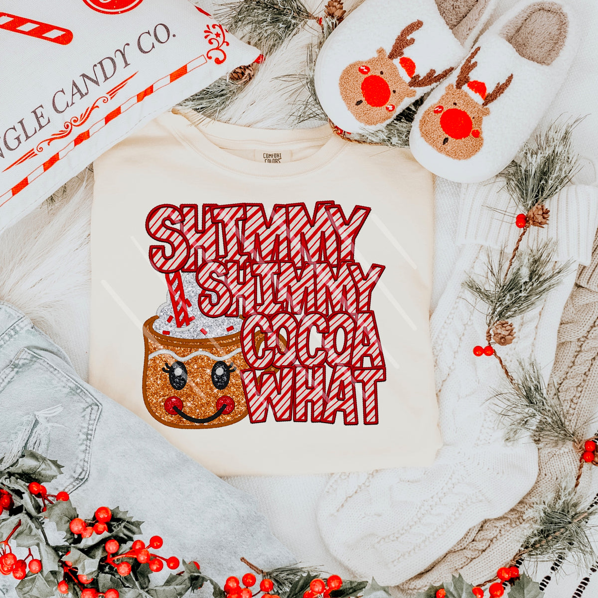 Shimmy Shimmy Cocoa red striped letters with reindeer mug 111632 DTF transfer