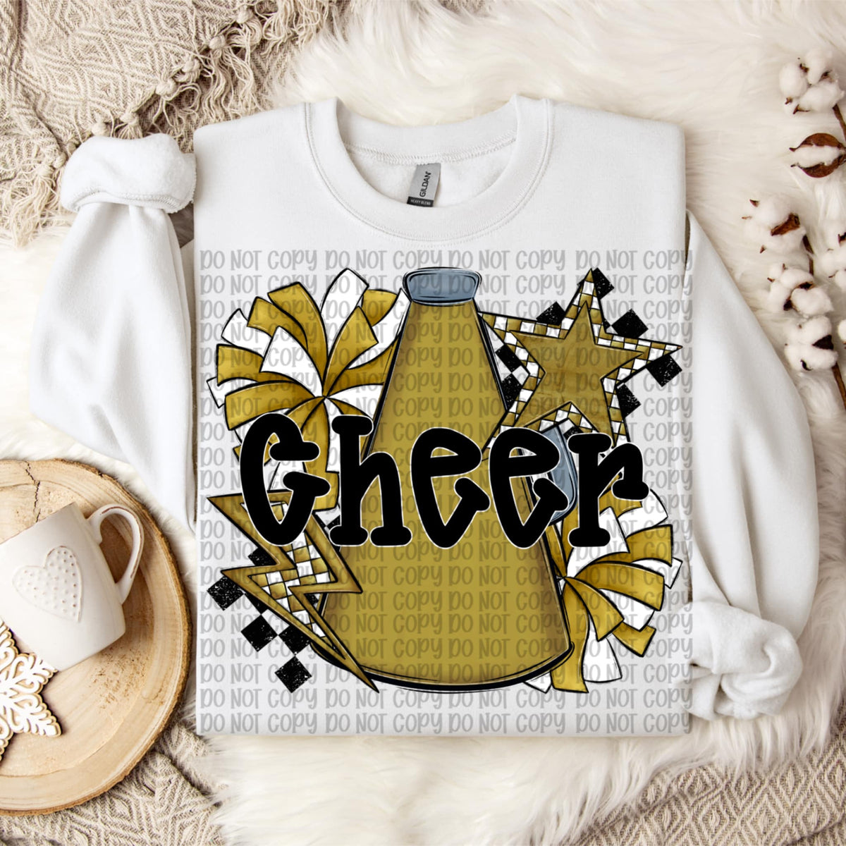 Cheer black words GOLD megaphone and pom poms VP DTF transfer