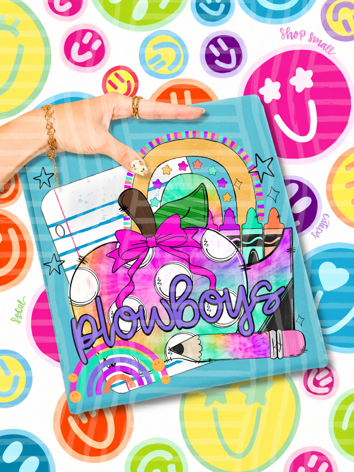 plowboys tie dye apple with white dots and school stuff (CAPLINGER) DTF Transfer