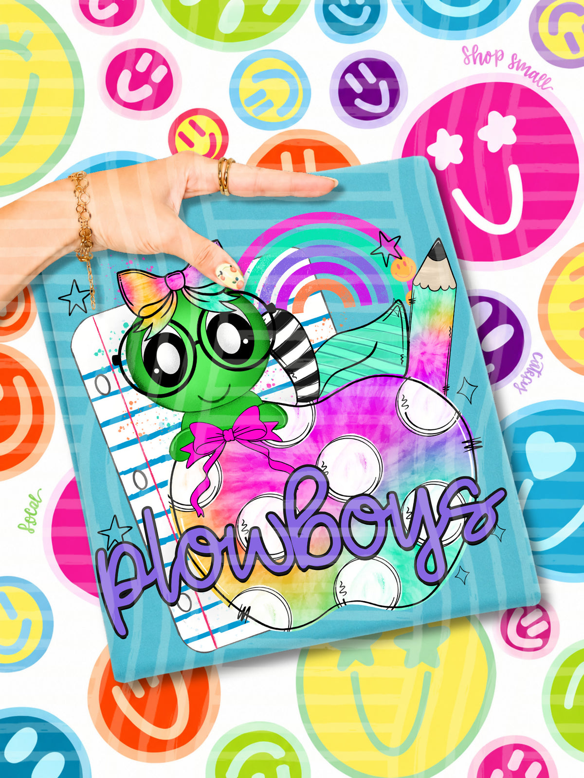 plowboys tie dye apple with white dots & green bug (CAPLINGER) DTF Transfer