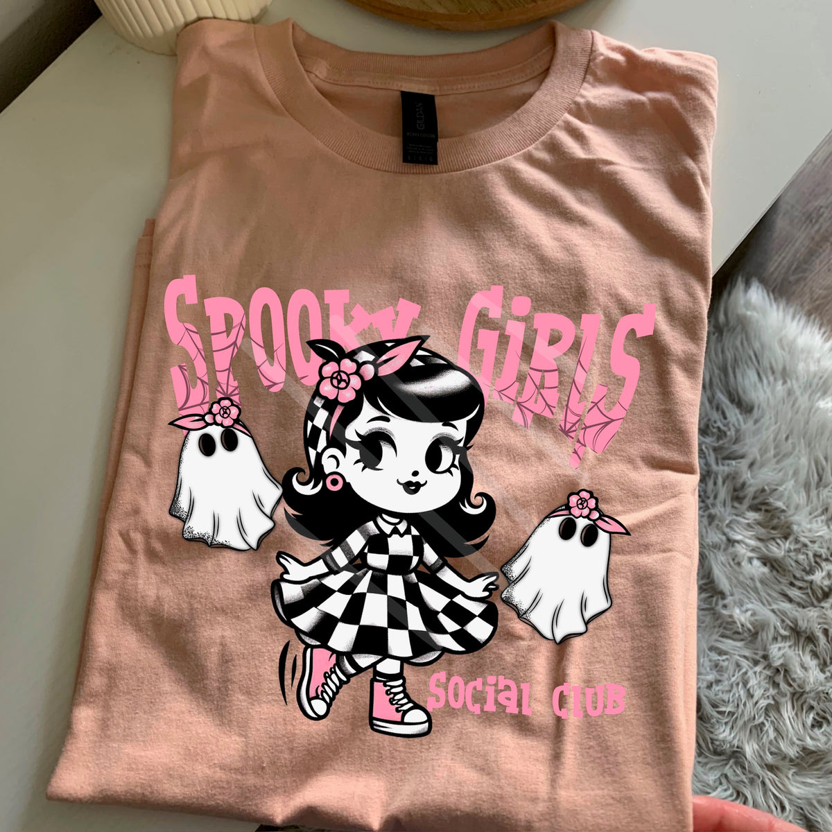 Spooky Girl Social Club girl in checker dress DTF transfer