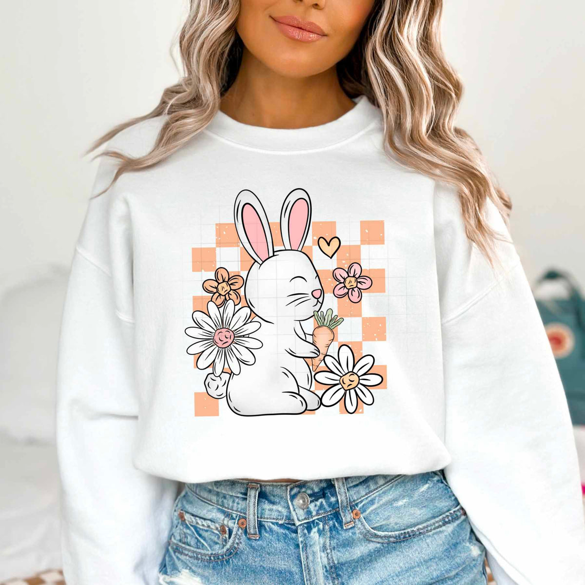 Bunny with orange checkered background (CSC) 84312 DTF transfer