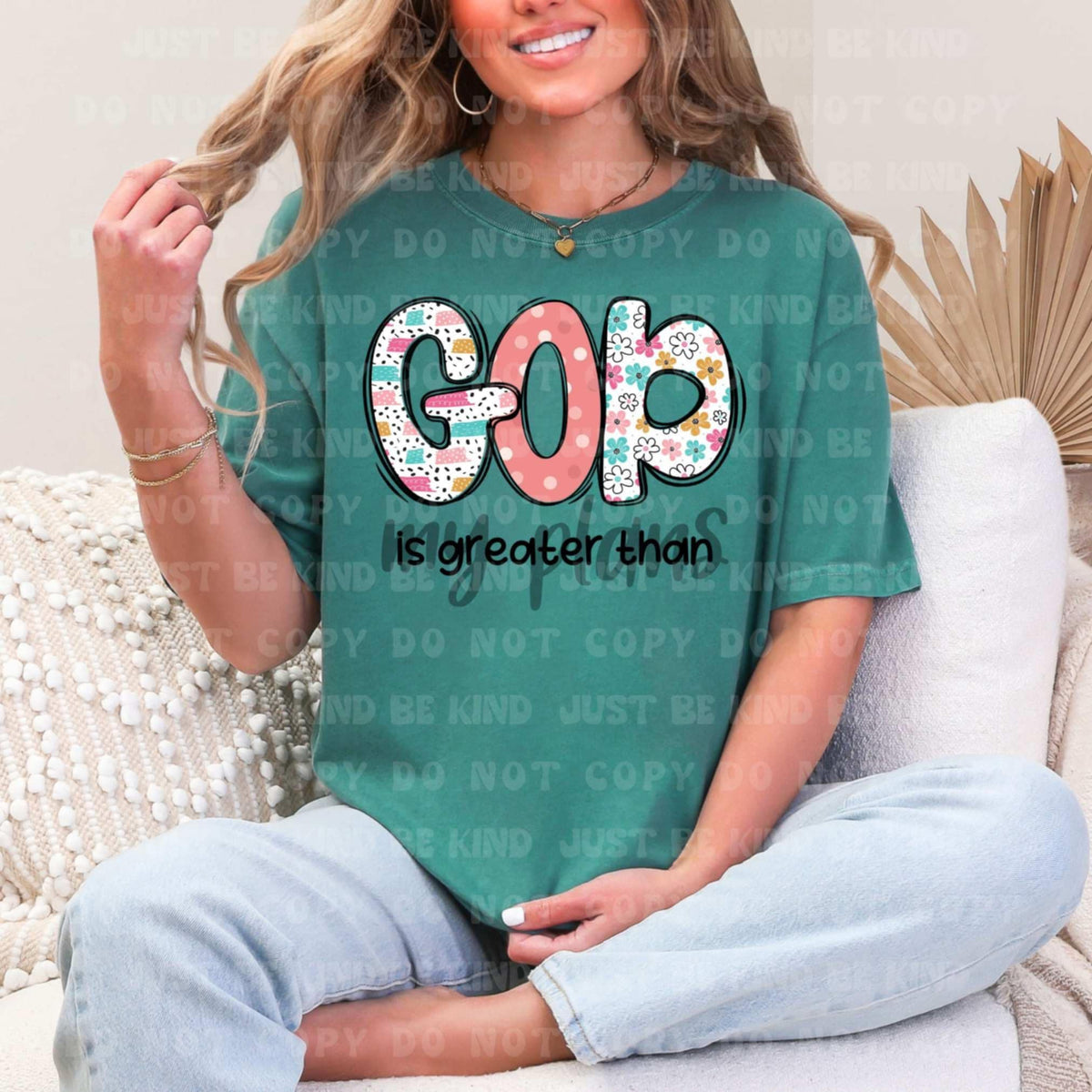 God is greater than my plans color and black (VLB) 87406 DTF transfer