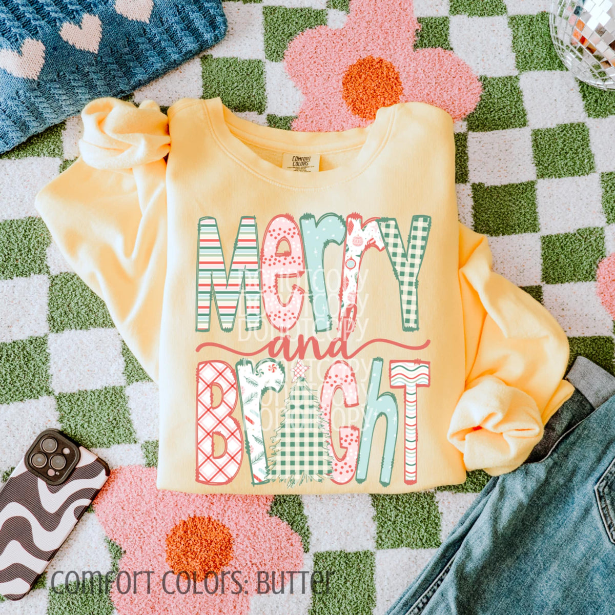 Merry and Bright with Tree CSG DTF Transfer