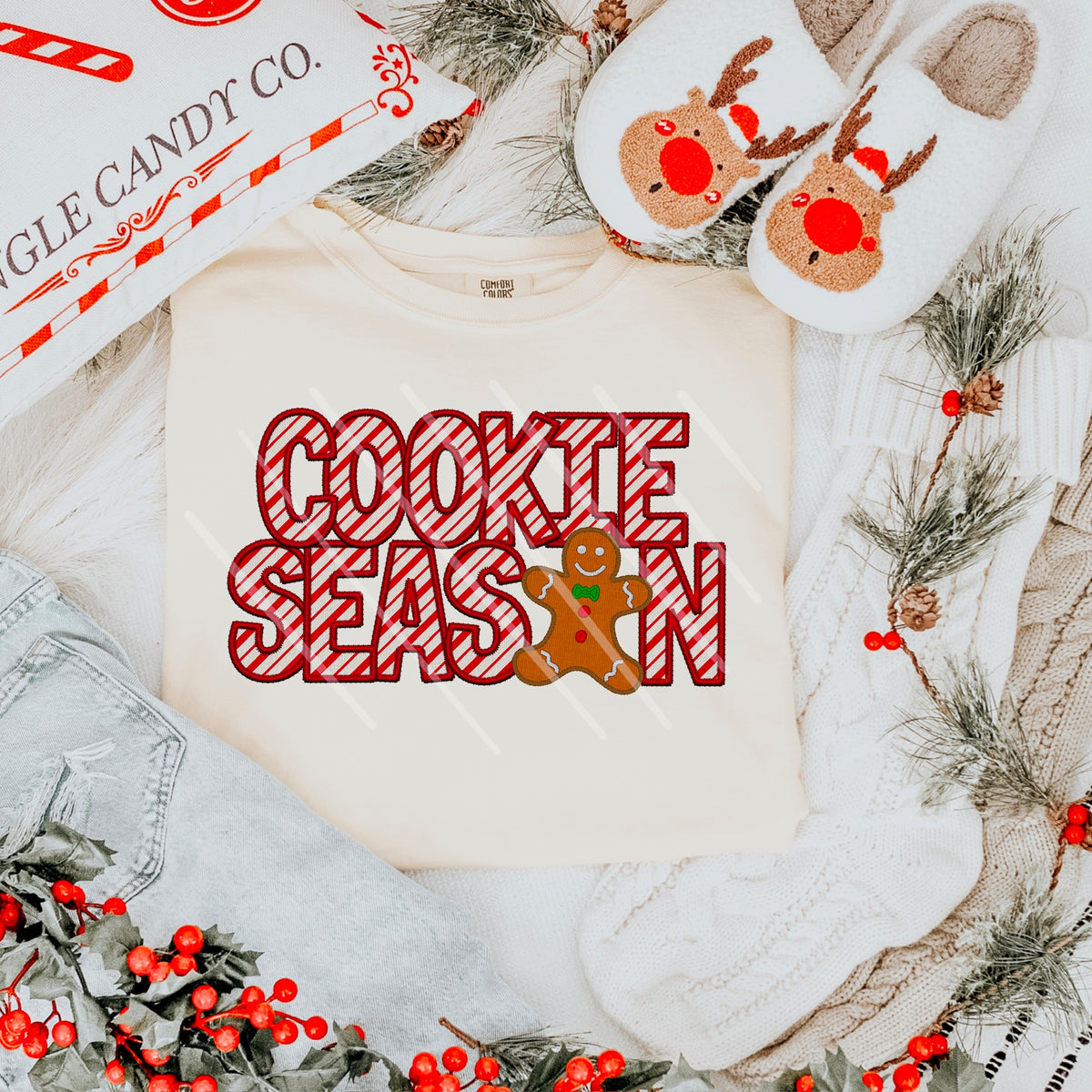 Cookie Season red striped letters with gingerbread cookie 111688 DTF transfer