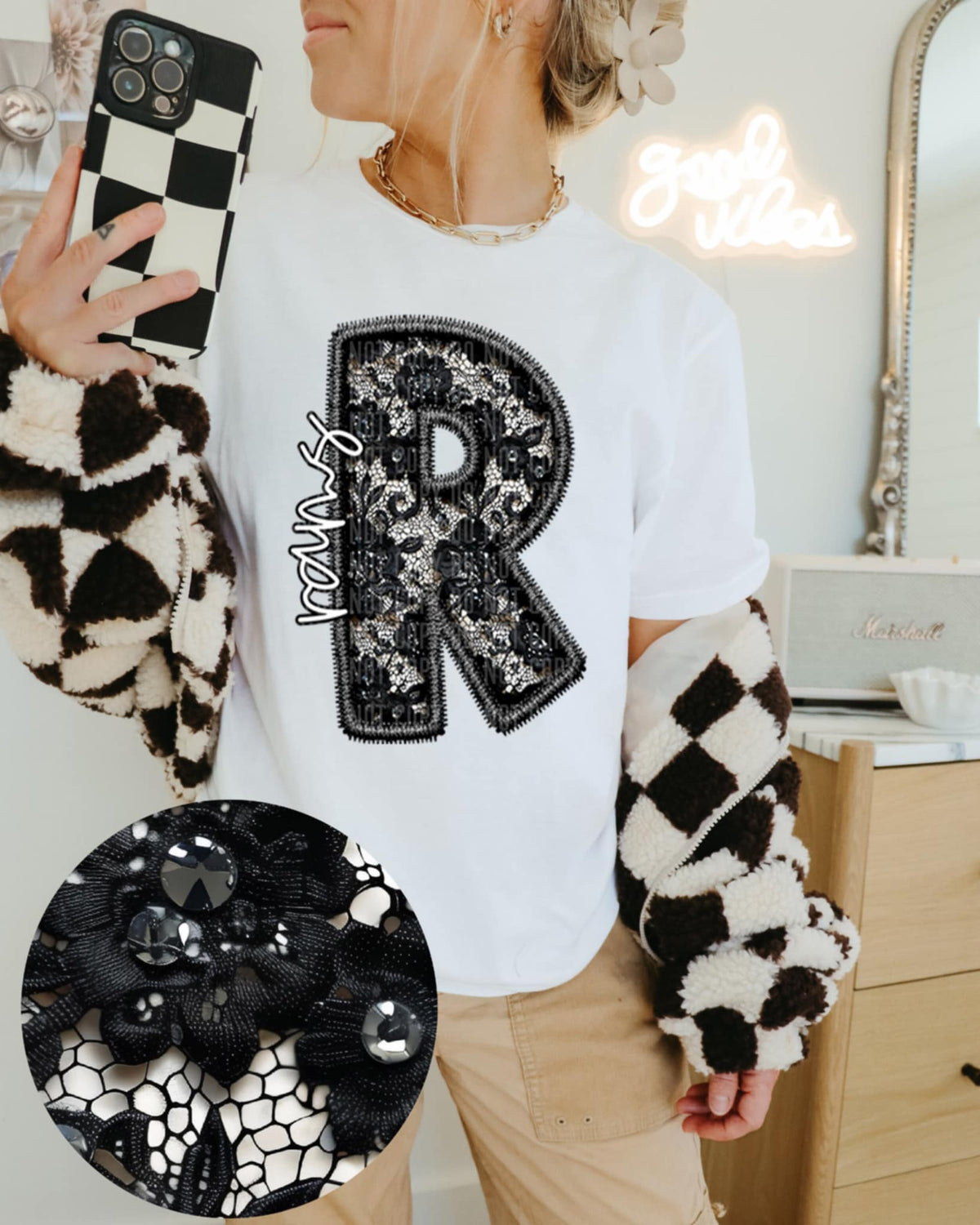 R rams lace letter (Caplinger) 90145 DTF transfer