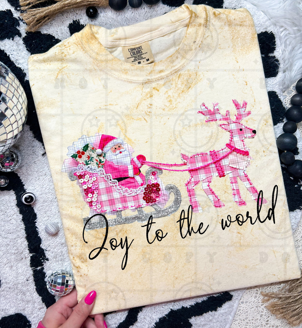 Joy to the world Santa and sleigh pink plaid (HW) DTF Transfer