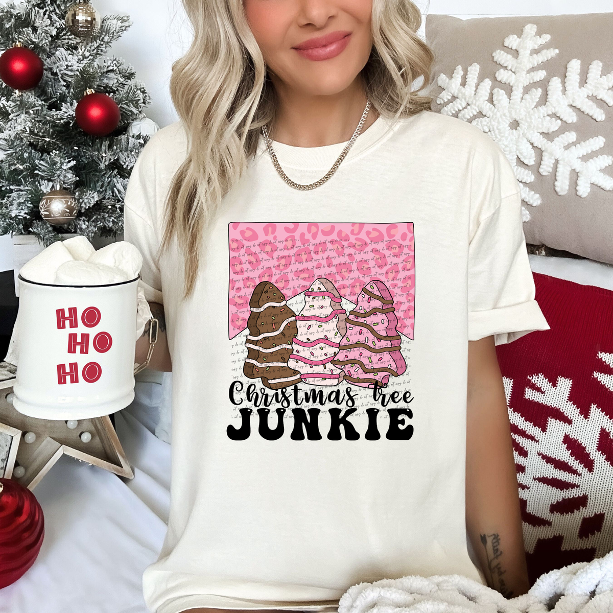 Christmas tree junkie (pink leopard print) 49847 DTF transfer