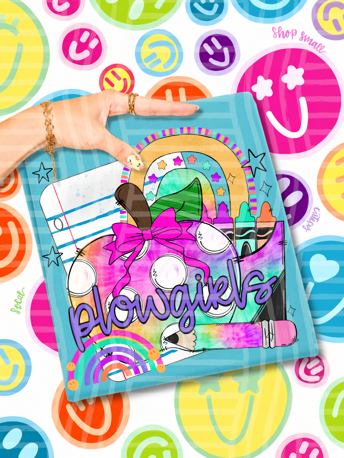 plowgirls tie dye apple with white dots and school stuff (CAPLINGER) DTF Transfer