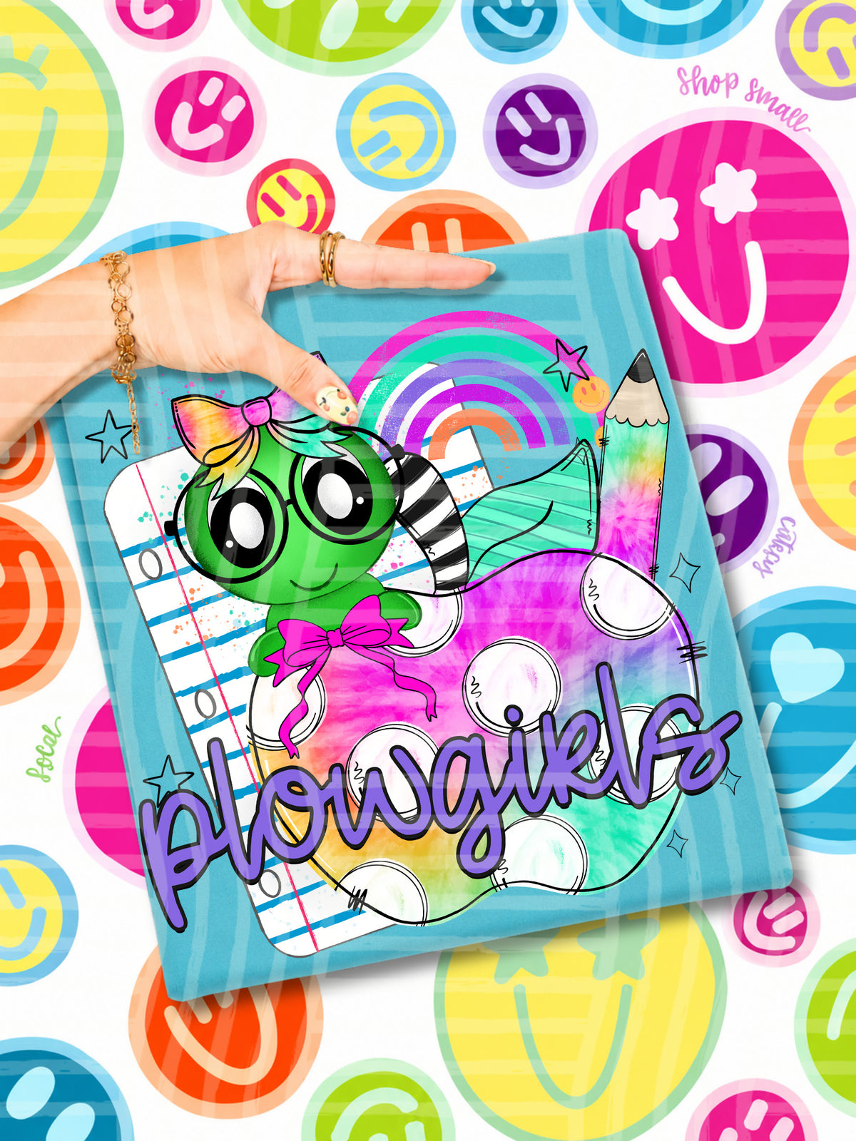 plowgirls tie dye apple with white dots & green bug (CAPLINGER) DTF Transfer