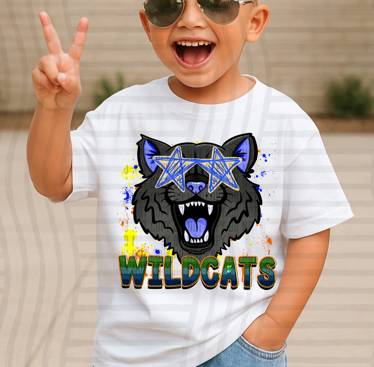 wild cats dark paint splatter boy blue green and yellow (Caplinger) DTF Transfer