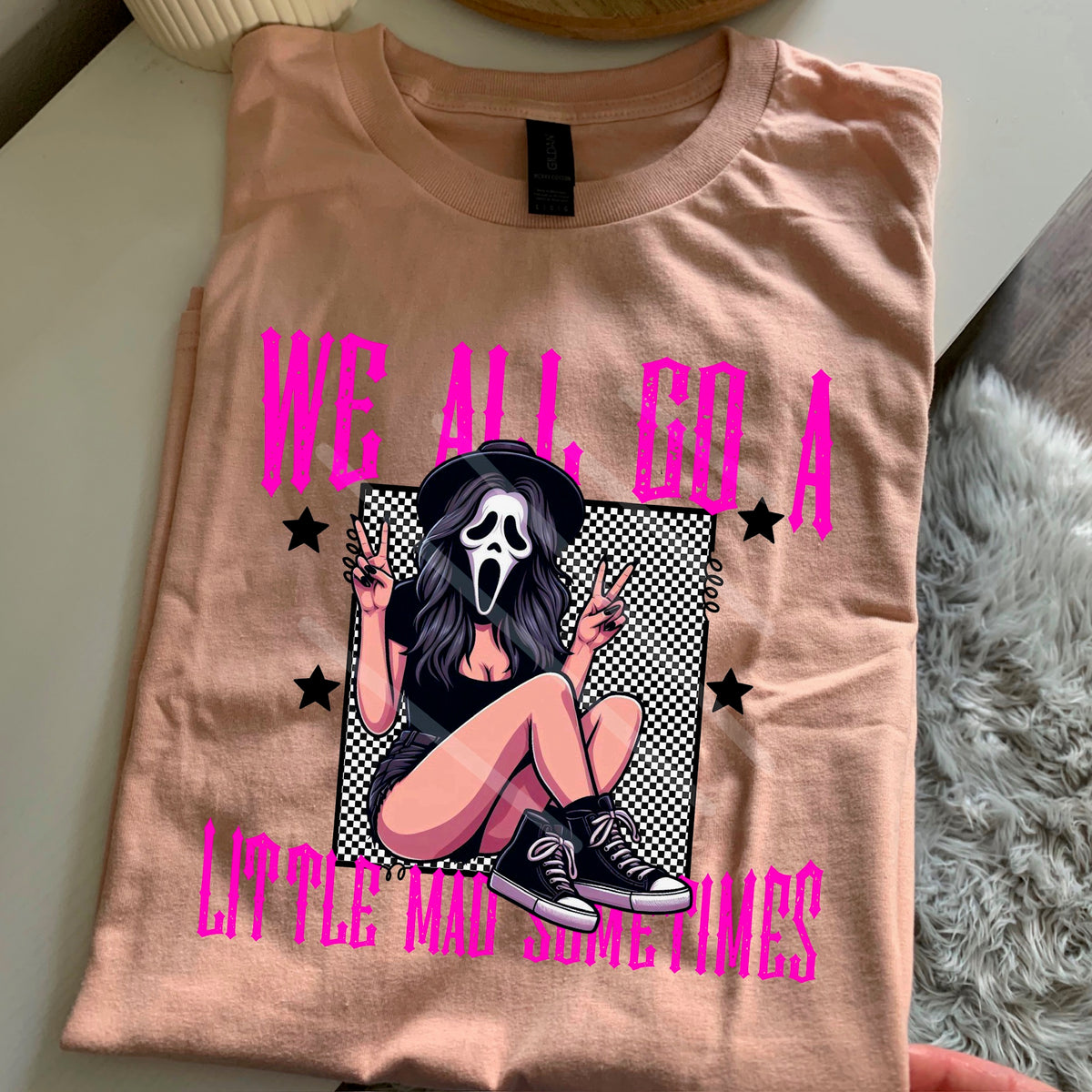 We all go a little mad GF girl checker background PINK LETTERS 110715 DTF transfer
