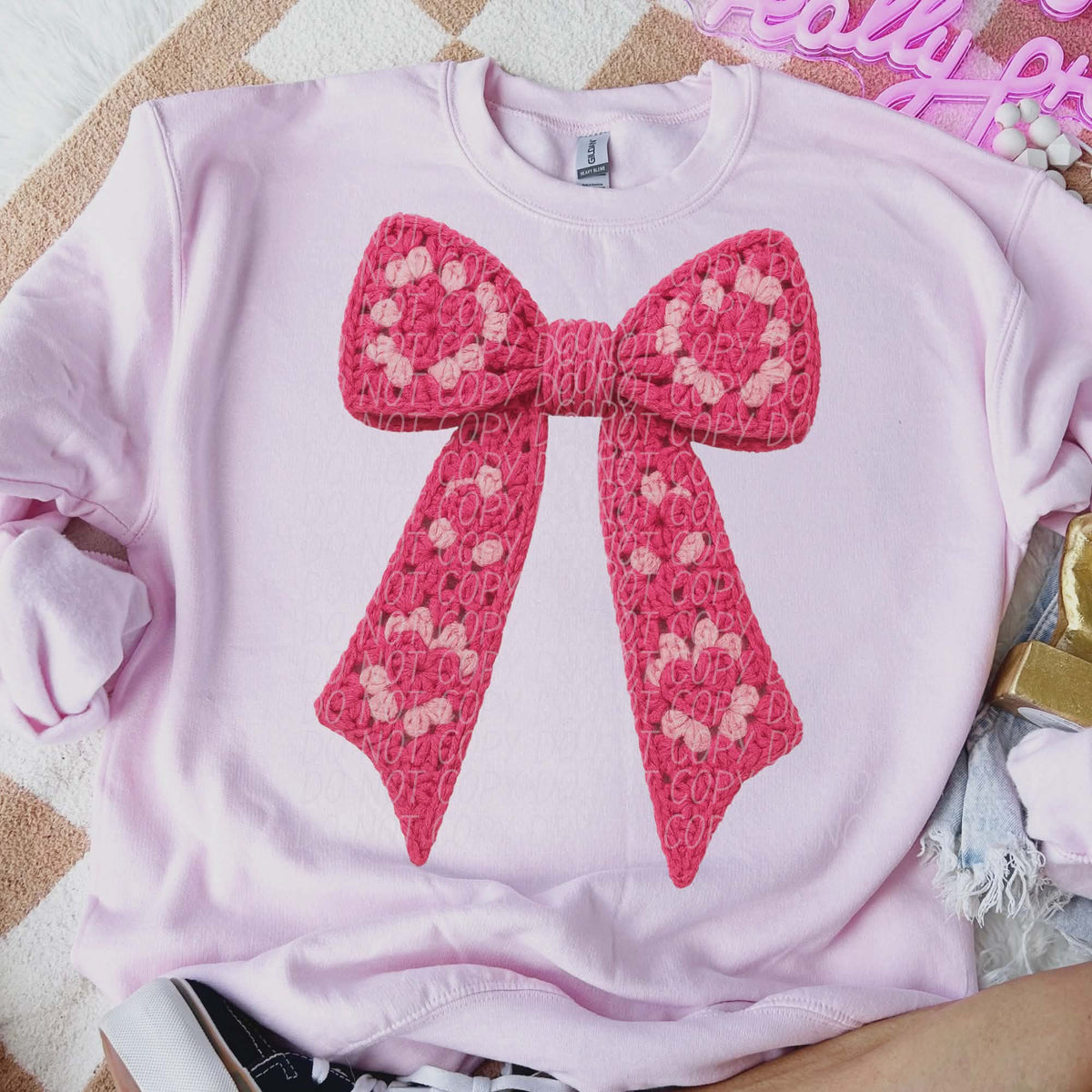 Pink crochet bow (city) DTF transfer