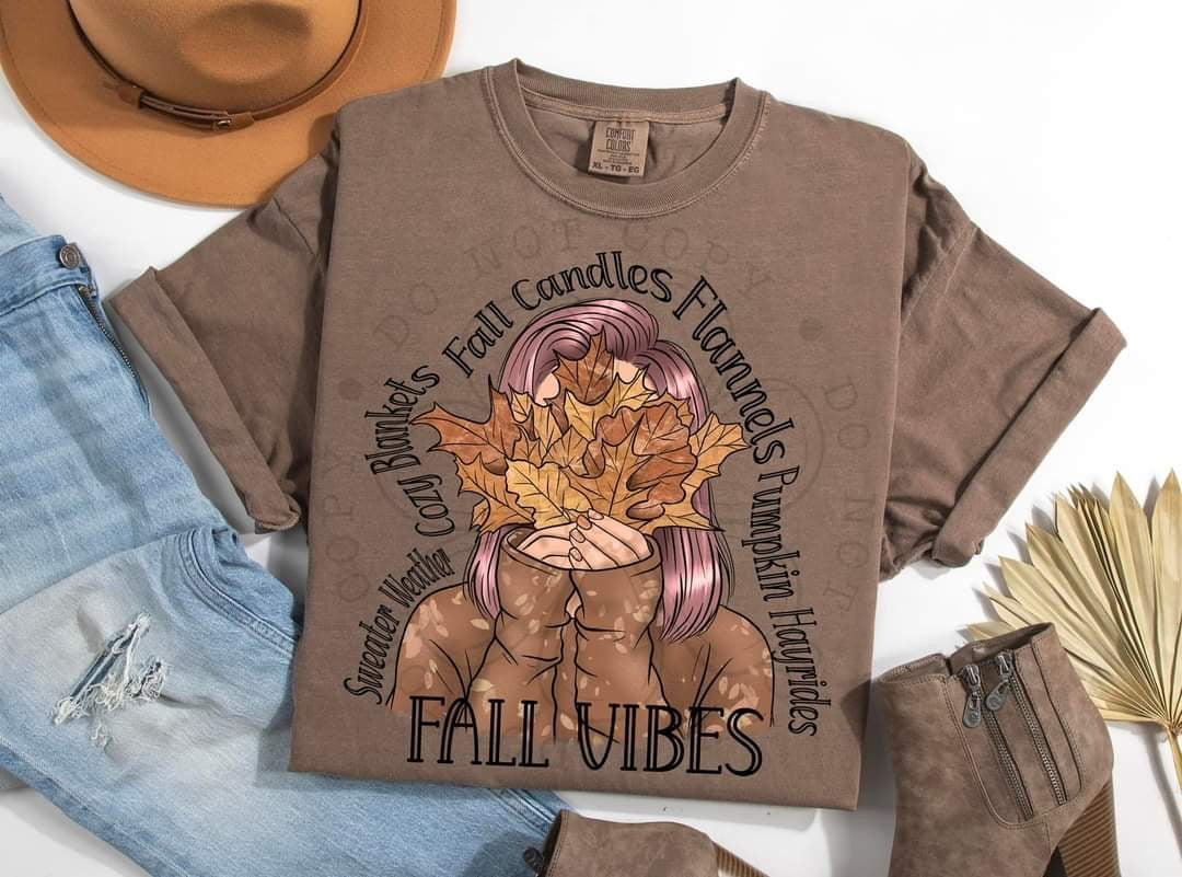 Fall vibes black font pink hair girl (DDD) 58521 DTF transfer
