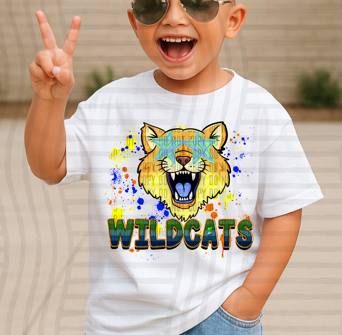 wild cats light paint splatter boy blue green and yellow (Caplinger) DTF Transfer