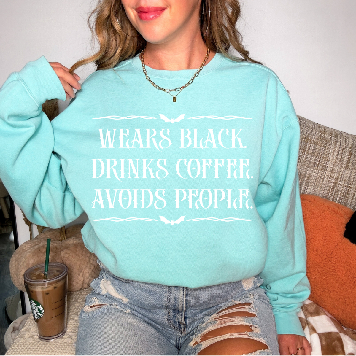 Wears Black Drinks Coffee Avoids People (White)  DTF Transfer