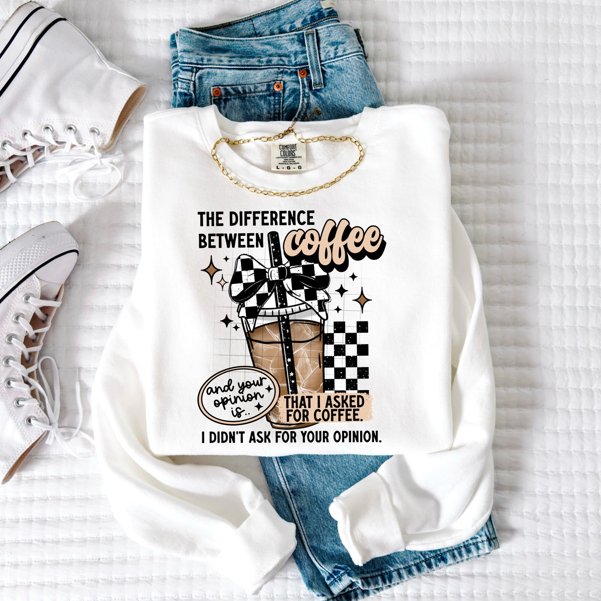 Coffee and your opinion with checker bow CSC DTF transfer