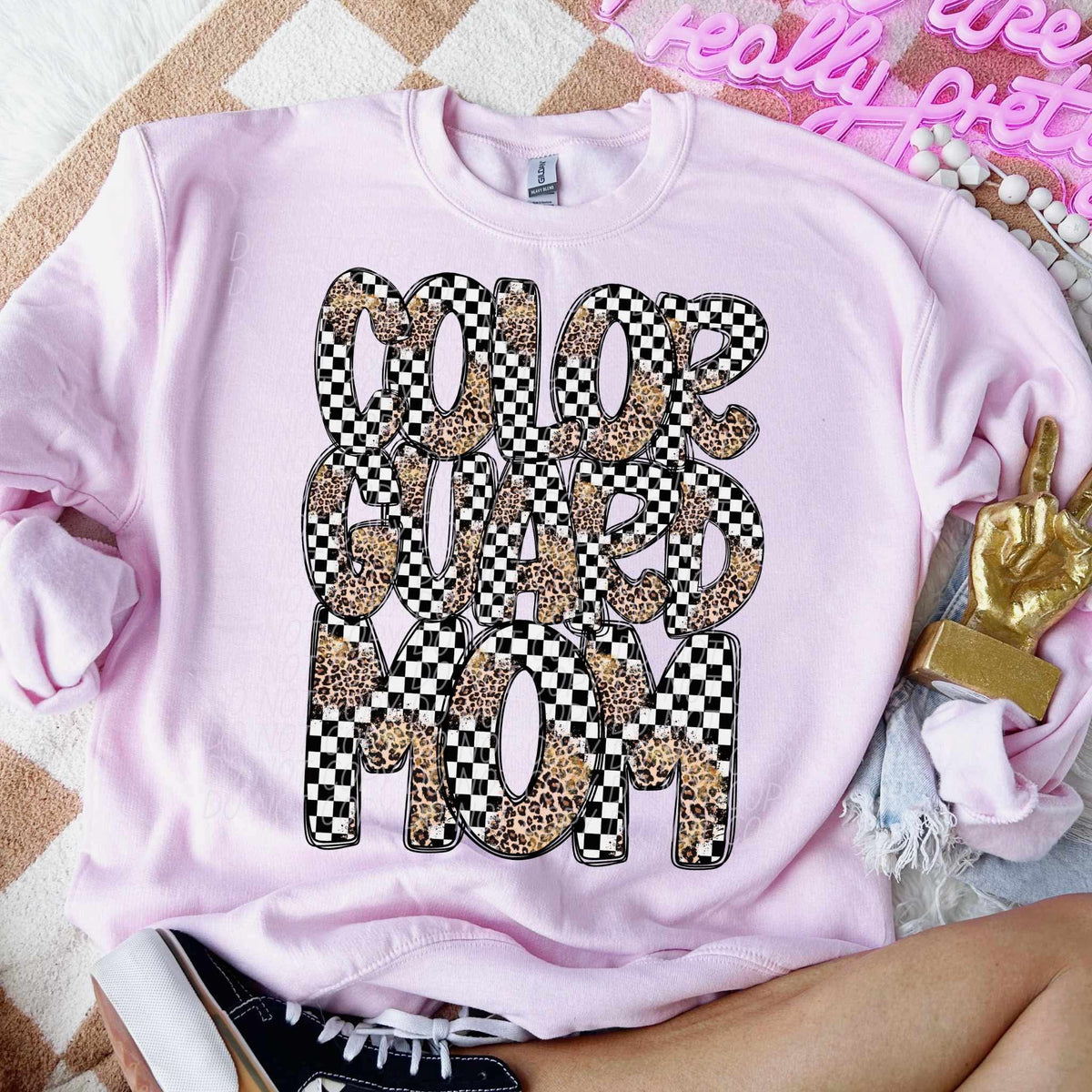 Colorguard mom leopard and checkered font city DTF transfers