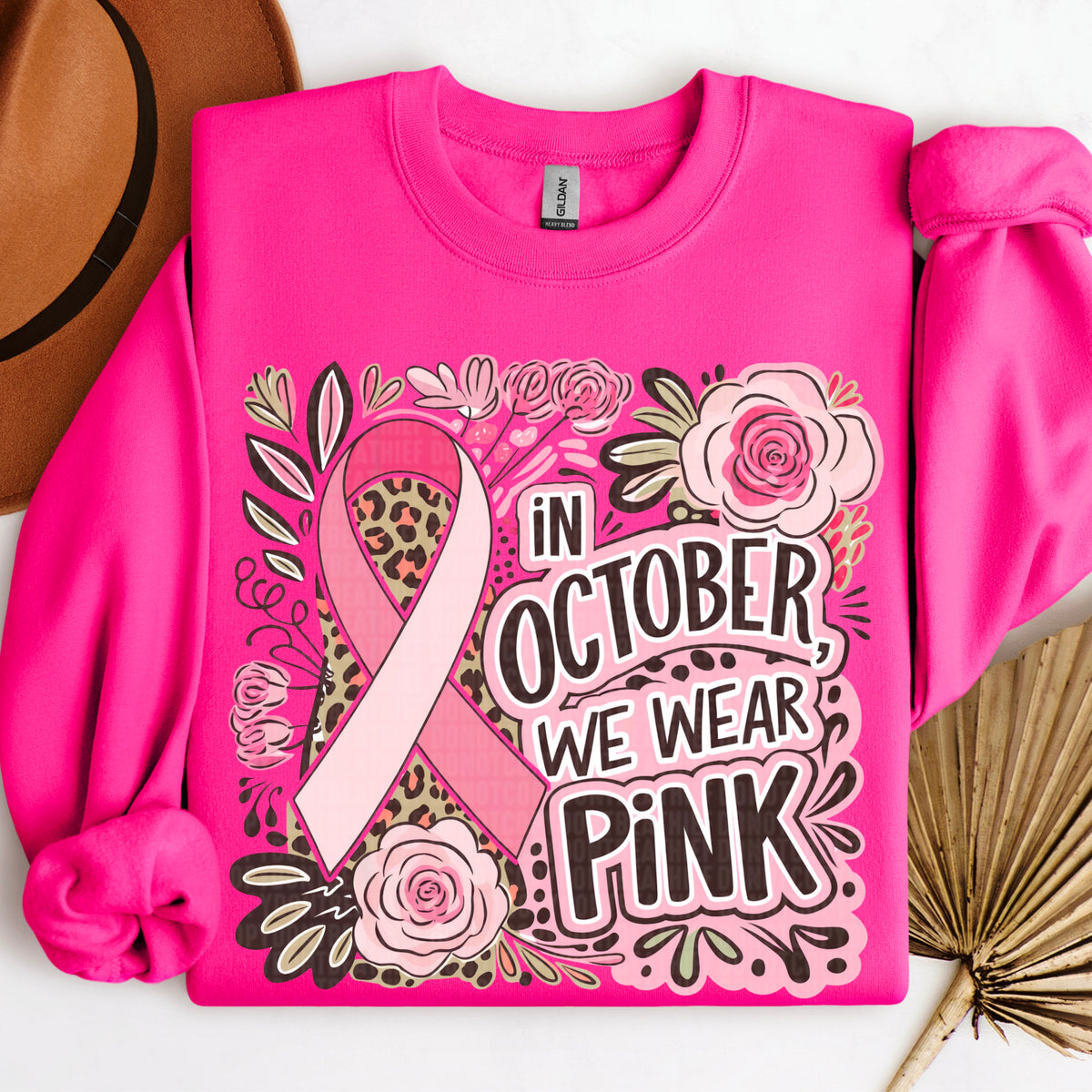 In October we wear pink leopard background 109728 DTF transfer