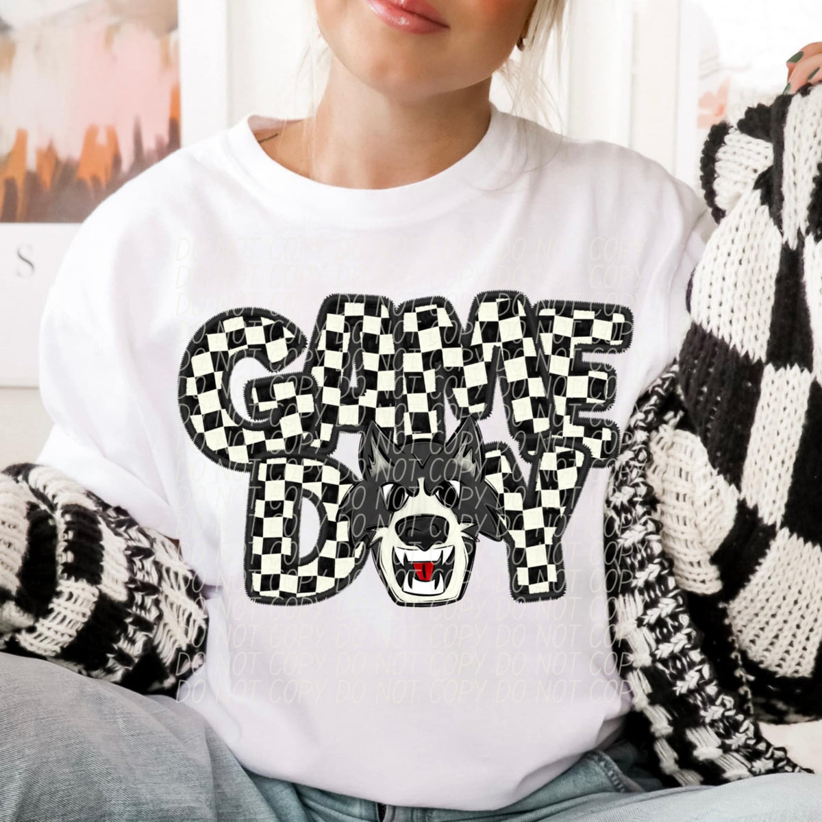 Game day grey wolf checkered (CITY) 91340 DTF transfer
