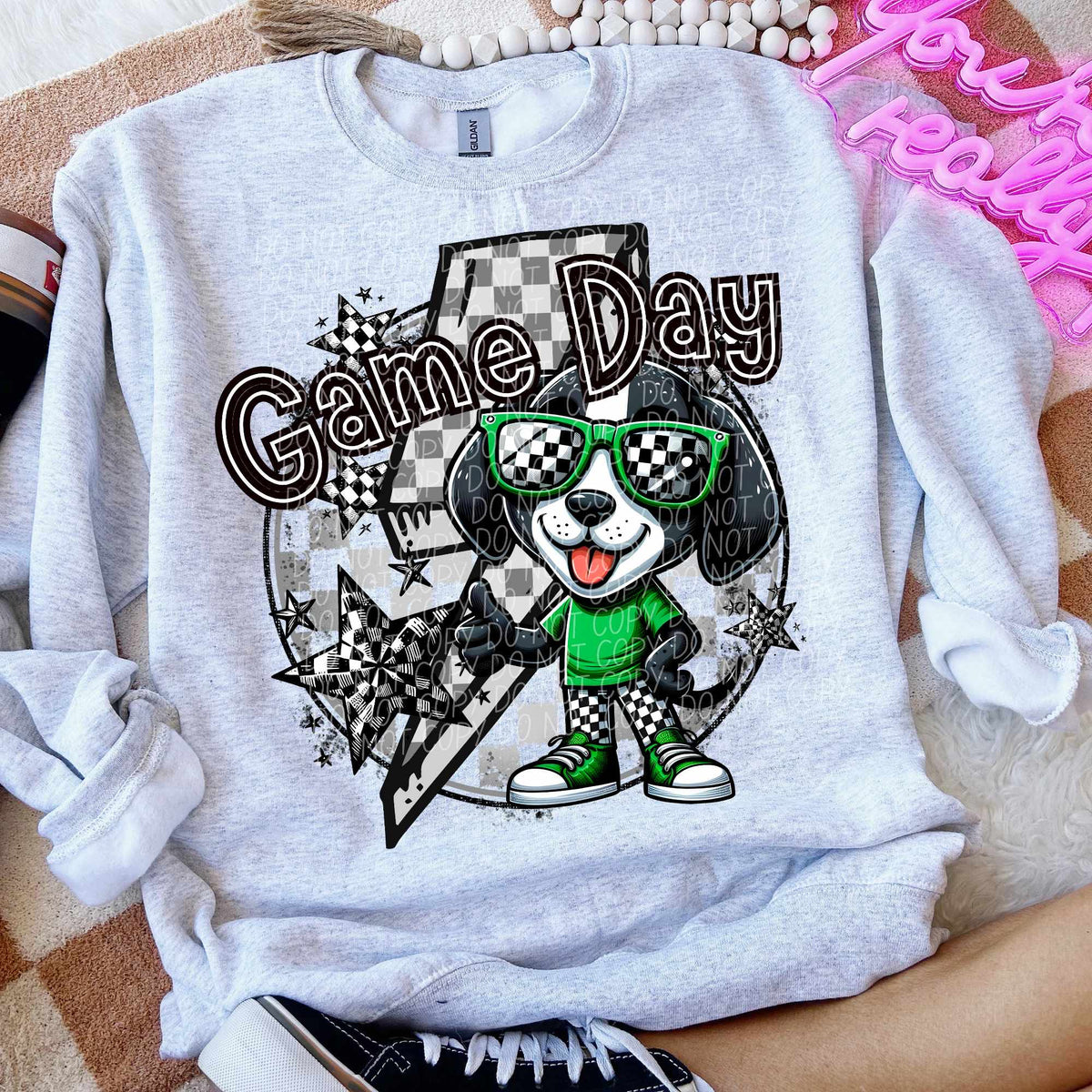 Game day black and white puppy green shirt lightning bolt (CITY) 52540 DTF transfer
