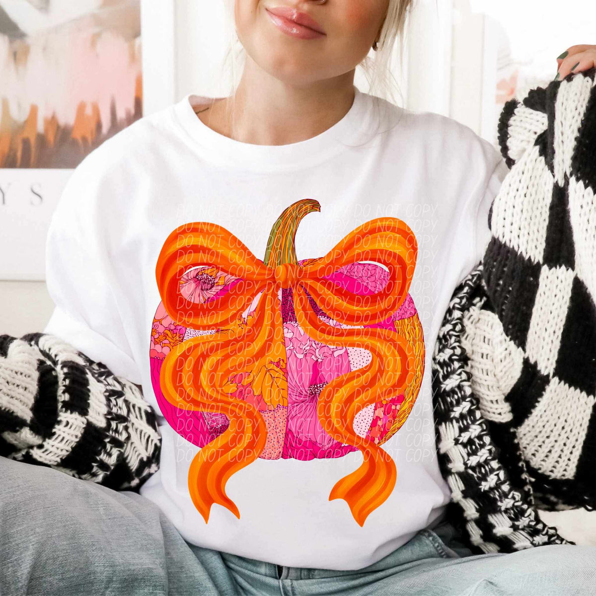 Patchwork pumpkin with pink and orange bow CITY DTF transfer