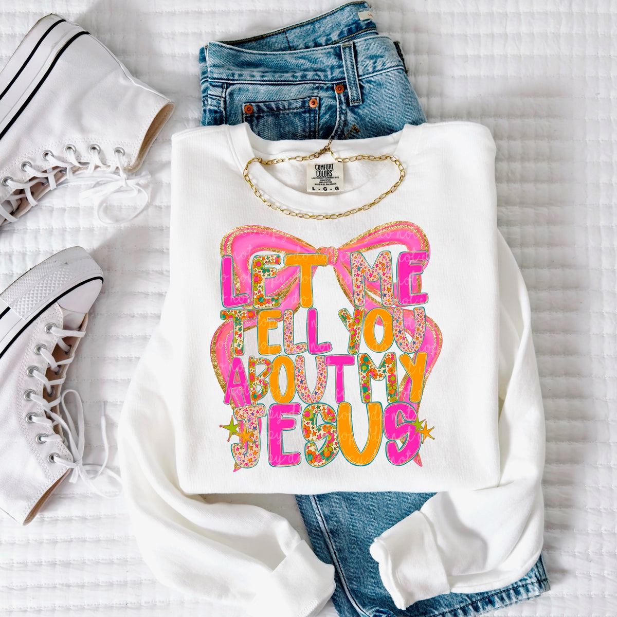 Let me tell you about my Jesus Pink and orange bow 115116 DTF Transfer