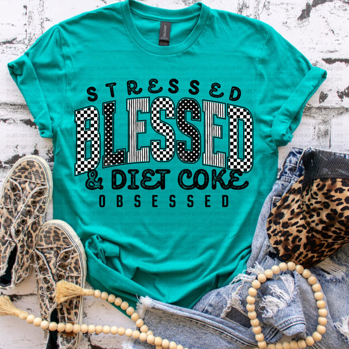 Stressed Blessed diet obsessed GRAYSCALE black words REVEL DTF transfer