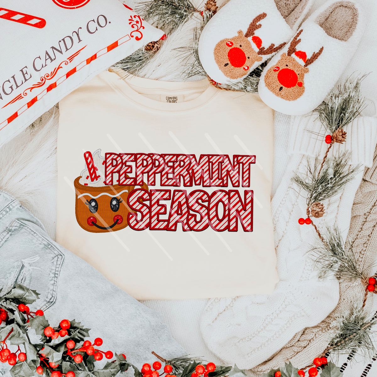 Peppermint season red striped letters and reindeer mug 111915 DTF transfer
